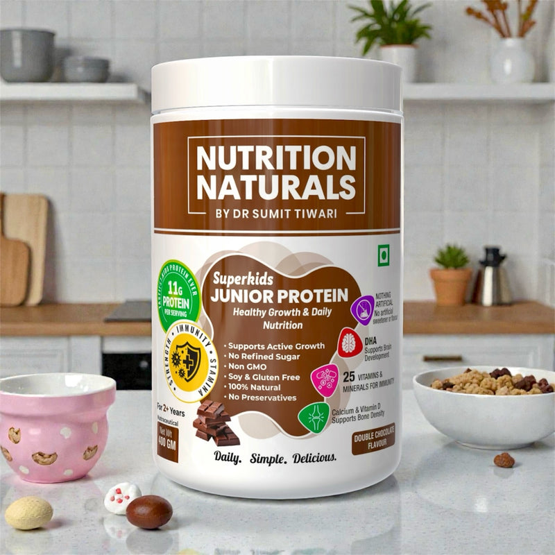Nutrition Naturals Superkids Junior Protein Powder 400g | 2-9 Years | No Refined Sugar | 23 essential Vitamin & minerals, DHA | 11g Protein per serving | Supports Overall Health, Growth & Boosts Immunity | Health Drink for kids, Double Chocolate Flavour