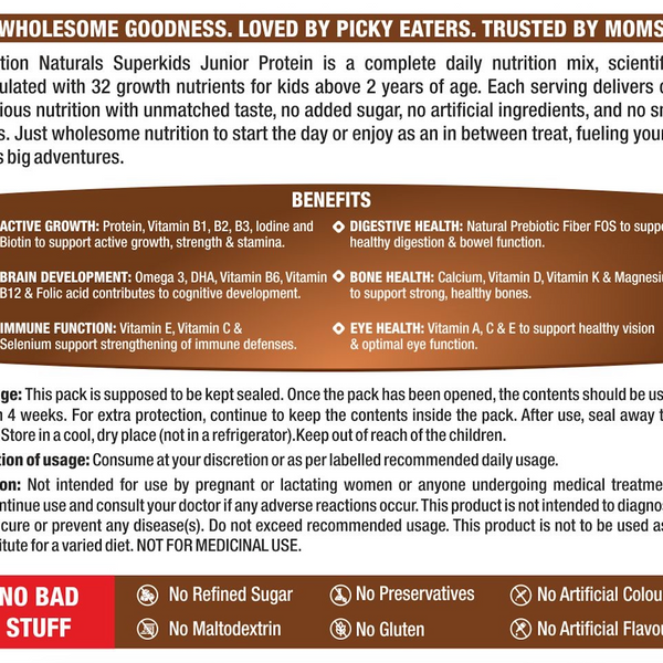 Nutrition Naturals Superkids Junior Protein Powder 400g | 2-9 Years | No Refined Sugar | 23 essential Vitamin & minerals, DHA | 11g Protein per serving | Supports Overall Health, Growth & Boosts Immunity | Health Drink for kids, Double Chocolate Flavour