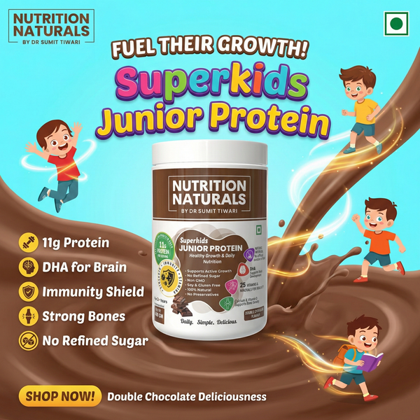 Nutrition Naturals Superkids Junior Protein Powder 400g | 2-9 Years | No Refined Sugar | 23 essential Vitamin & minerals, DHA | 11g Protein per serving | Supports Overall Health, Growth & Boosts Immunity | Health Drink for kids, Double Chocolate Flavour