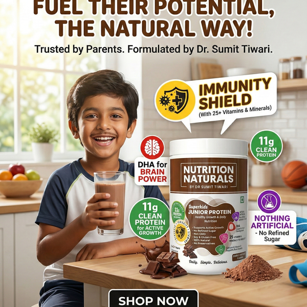 Nutrition Naturals Superkids Junior Protein Powder 400g | 2-9 Years | No Refined Sugar | 23 essential Vitamin & minerals, DHA | 11g Protein per serving | Supports Overall Health, Growth & Boosts Immunity | Health Drink for kids, Double Chocolate Flavour