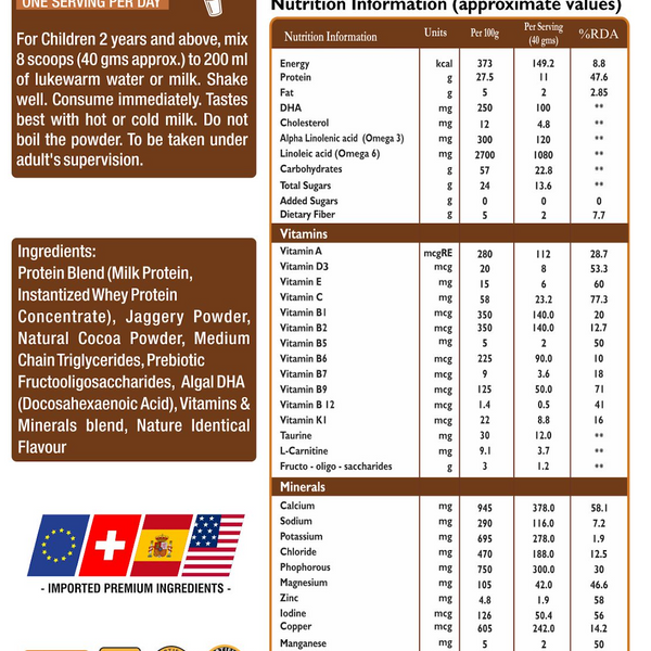 Nutrition Naturals Superkids Junior Protein Powder 400g | 2-9 Years | No Refined Sugar | 23 essential Vitamin & minerals, DHA | 11g Protein per serving | Supports Overall Health, Growth & Boosts Immunity | Health Drink for kids, Double Chocolate Flavour